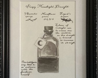 Sleepy Moonlight Draught, Victorian, Sleeping Potion Recipe, Original Art, Ink Painting, Witch, A4 Wall Art, Valentines Day Gift, Halloween