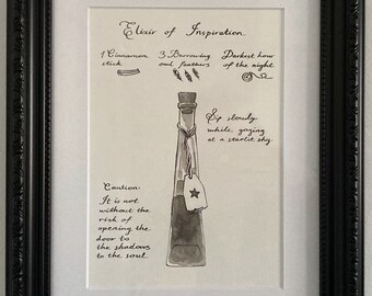 Elixir of Inspiration, Victorian, Potion Recipe, Original Art, Ink Painting, Witch, Wizard, A4 Wall Art, Painting, Birthday Gift, Halloween