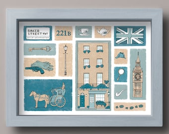 London 221B Baker Street, Sherlock Holmes, Art Print, Detective, Vintage, Drawing, Victorian, English, Apartment, Illustration, Wall Art
