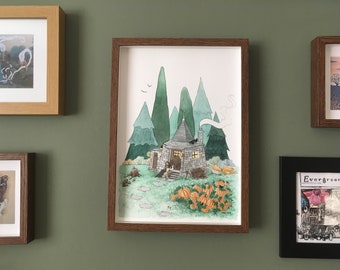 Forest Cottage, Witch Wall Art Print, Pumpkins, Watercolour, Wizard, Cabin Hut A4 Painting Birthday Housewarming Christmas New Home Gift