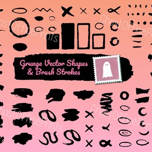 Pu&ograve; includere: Una collezione di forme vettoriali grunge nere e pennellate su uno sfondo sfumato rosa e arancione. Le forme includono cerchi, quadrati, linee e vortici. Il testo "Grunge Vector Shapes & Brush Strokes" &egrave; al centro dell'immagine.