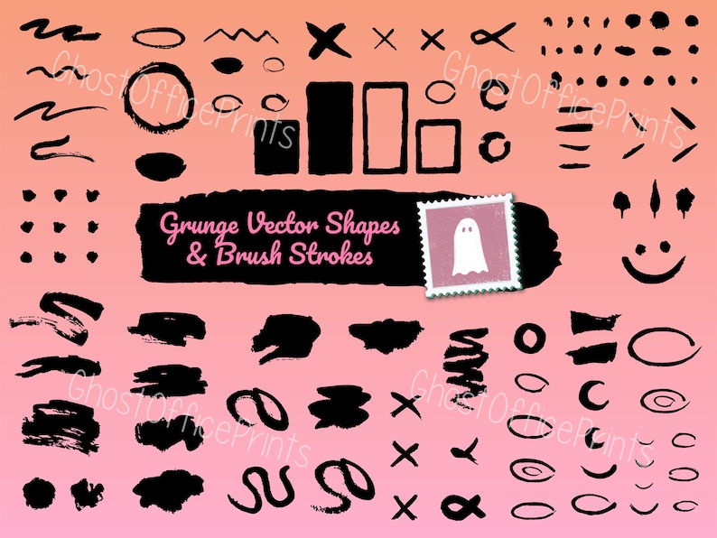 Pu&ograve; includere: Una collezione di forme vettoriali grunge nere e pennellate su uno sfondo sfumato rosa e arancione. Le forme includono cerchi, quadrati, linee e vortici. Il testo "Grunge Vector Shapes & Brush Strokes" &egrave; al centro dell'immagine.