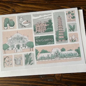 Tarjeta de felicitación de los Jardines de Kew, A5, Londres, Real Jardín Botánico, Primavera, Reino Unido, Inglaterra británica, Dibujo vintage inglés