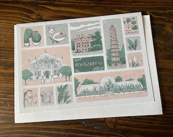 Kew Gardens Greeting Card, A5, London, Royal Botanical Gardens, Spring, UK, United Kingdom, British England English Vintage Drawing