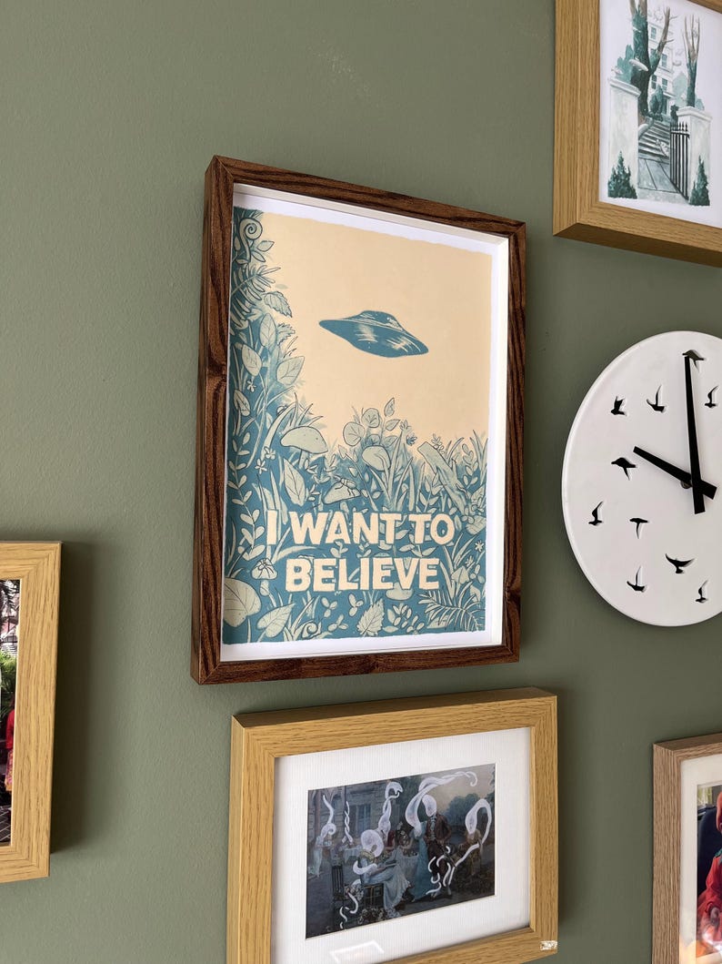 May include: A framed print with the text "I WANT TO BELIEVE" and a blue UFO illustration. The artwork is set against a cream background with blue foliage. The frame is a dark brown wood.