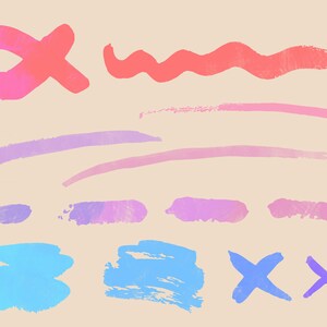 Pu&ograve; includere: Un set di pennellate astratte colorate in rosa, viola e blu. Le pennellate sono dipinte su uno sfondo beige chiaro.