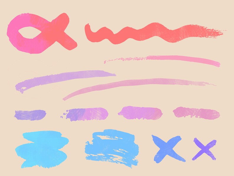 Pu&ograve; includere: Un set di pennellate astratte colorate in rosa, viola e blu. Le pennellate sono dipinte su uno sfondo beige chiaro.