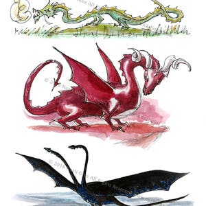 May include: Three watercolor illustrations of dragons. The first dragon is green with a yellow flame coming from its mouth. The second dragon is red with a white horn on its head. The third dragon is black with three heads and blue wings.