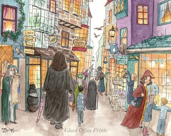 Diagon Alley Watercolour Art Print,Gallery Wall Art Street Painting Gift A4 A3 Illustration Shambles York Edinburgh Home Decor Owl Wizard