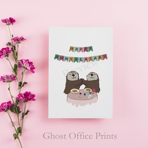 May include: A greeting card with two otters holding hands at a table with food and a rose. The card says "Happy Anniversary" with a banner above the otters.