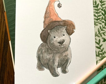 Witch Wombat Art Print, Wizard, Familiar, Gift, Wall Art, Painting, Pet, Aussie Animal, Australia, A5, New Home Decor, Watercolour, Magic