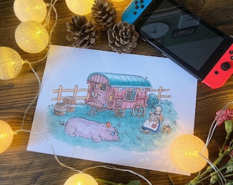 Stardew Valley Art Prints, Travelling Merchant, Pig, Leah's Cottage, Watercolour A4 A5 Wall Art Drawing Illustration Fan Art Painting
