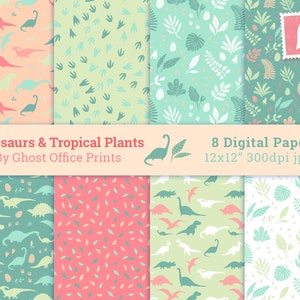 Dinosaurier, Digitales Papier, Hintergrund, Dinosaurier-Muster, sofortiger Download, bedruckbar, Tropische Pflanzen, Jura, Dinosaurier Ei, Scrapbooking