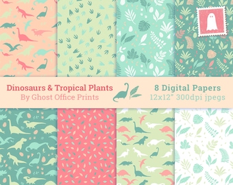 Carta digitale con dinosauri, sfondo, motivo dinosauro, download immediato, stampabile, scrapbooking, rosa, piante tropicali, giurassico