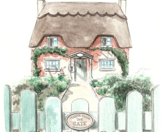 English Cottage Art Print, Rose Cottage Honington Warwickshire, Cozy Home, Cottagecore, Watercolour Painting, Illustration, Cute, Wall Art