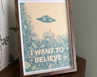 X Files I Want to Believe UFO A4 Art Print, illustratie, vliegende schotel, kunst aan de muur, botanisch