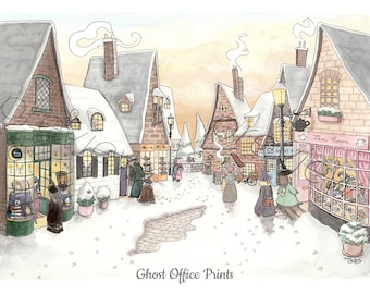 Witches Village, Art Print Gift, Wizards, Magic, Christmas, Wall Art, Fan Art, Painting, Birthday Gift, Housewarming A4, New Home Decor