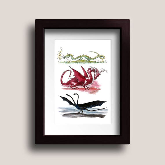 Dragons, Art Print, Dragon, Watercolour, Wall Art, Watercolor, Fantasy, Mythology, Drawing, For Him, For Her, Kids, Boy, Hobbit, LOTR, Gift