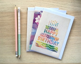 Greeting Cards Pack, Set of 3, Happy Birthday, Thank You, Wedding, Engagement, Colourful, Watercolour, Illustrated, Valentine, Anniversary