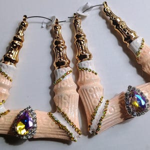 Oversized Cream & Crystal Bamboo Earrings, Large Statement Earrings, Gold Rhinestone Earrings, Glam Gift for Her