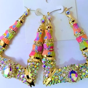 Bedazzled Bamboo Hoop Earrings, 90s Style, Large Statement, Exotic Multi-Color Bling Earrings