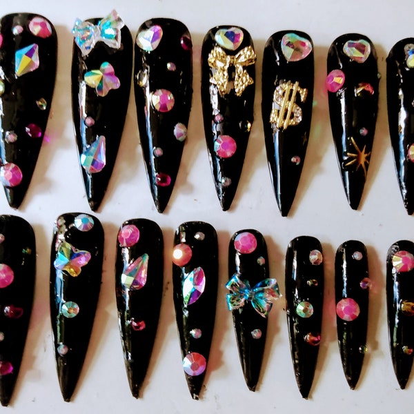 Treasure Chest Black Summer 2024 Bling Stilleto Press On Nails - Ready to Ship | Gift for her | Nail Jewellery | Reusable