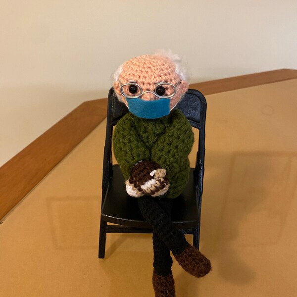 Bernie Sanders Doll (7.5") with Wooden Chair Bernie Sanders Crochet Doll with Chair Bernie Sanders Doll with bench for Bernie Sanders doll