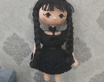 Wednesday Addams-inspired crochet doll (12") Horror Gothic Doll Wednesday Addams, Hand-crochet Doll Gift for Daughters Gift for her Addams