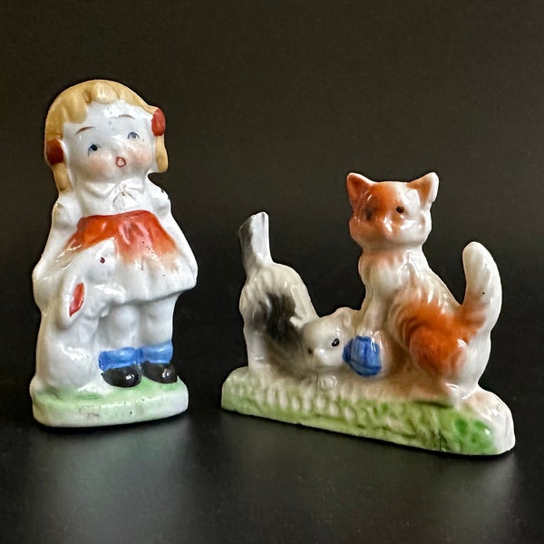 Occupied Japan Girl with Bunny Rabbit, Kittens Playing Figurine