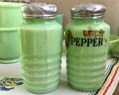 Jadeite Range Shaker, Ribbed Jadite Glass Pepper Flour Shakers, Spice Shakers