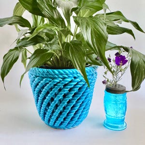 Small Rope Twist Basketweave Ceramic Planter, Blue Cachepot Made in Spain