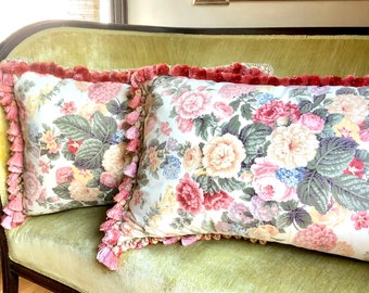 Garden Floral Pillows with Tassel Trim, Large Custom Decorative Lumbar Pillow