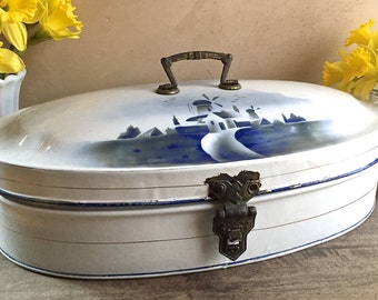 Large Enameled Bread Box with Dutch Holland Windmill Scenic, Blue and White Enamel Ware