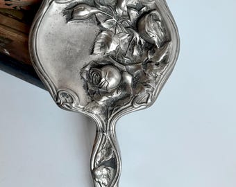 Rose Embossed Hand Mirror, Silver Plated Glass Vanity Mirror
