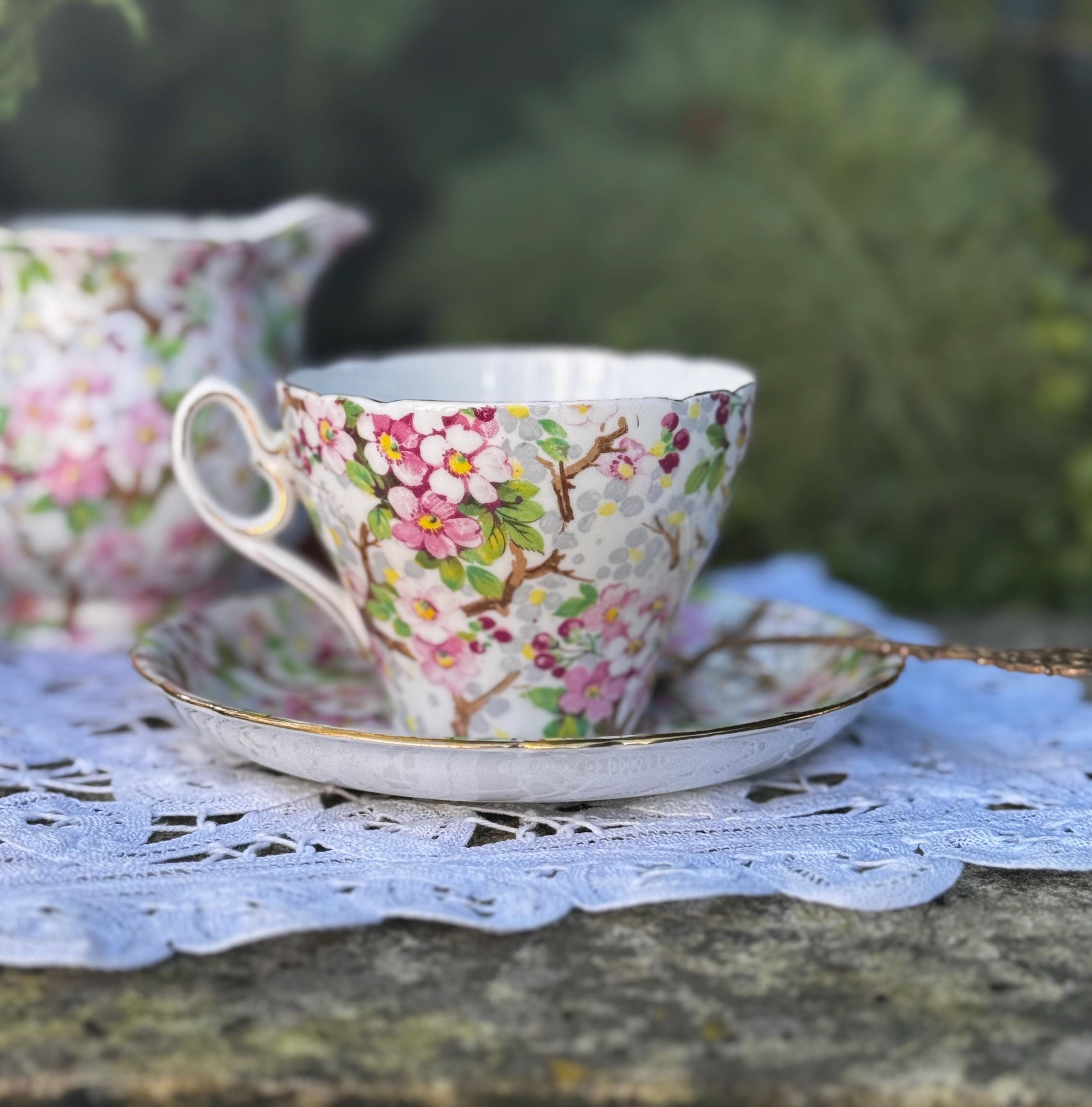 Shelley MAYTIME Cup & Saucer, Pink Cherry Blossom Cambridge Shape