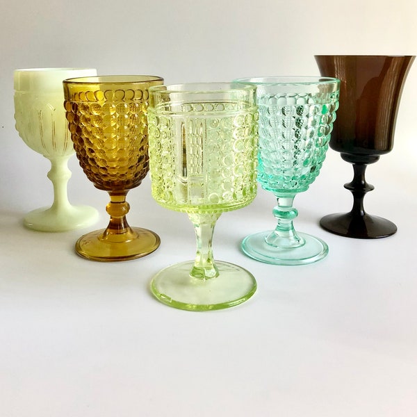 Mismatched Color Wine Goblets, EAPG Canary Vaseline, Northwood Custard Glass, Smokey Retro Modern