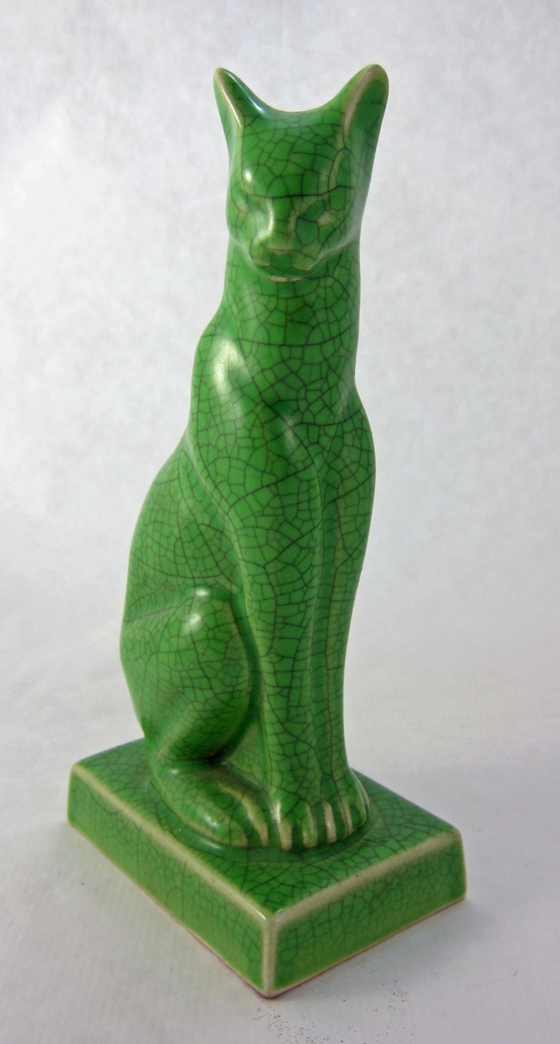 Art Deco Crackle Ceramic Cat Statue Green Crackle Glaze Etsy
