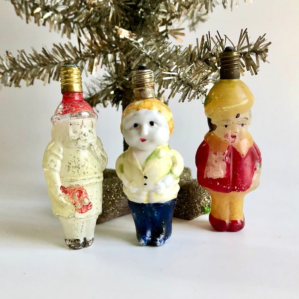 Figural Painted Clear & Milk Glass Bulbs, Christmas Tree String Lights Japan,