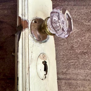 Antique Mortise Lock Set, Purple Glass Knob Salvaged Door Cutout, Industrial Bookshelf Curio Display