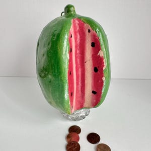 Vintage Mexican Folk Art Watermelon Piggy Bank, Primitive Painted Clay Fruit Coin Bank Pottery