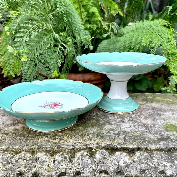 Antique Blue Rim Floral Compote, Low Footed Pedestal Table Centerpiece