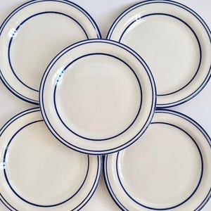 May include: Five white ceramic plates with a navy blue double-line border. The plates are arranged in a circular pattern, showcasing a classic and clean design. Perfect for everyday dining or special occasions.