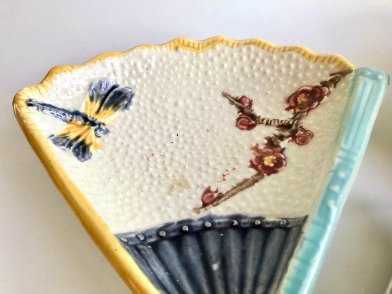 Fan Shaped Majolica Dish With Dragonfly and Prunus Cherry Etsy