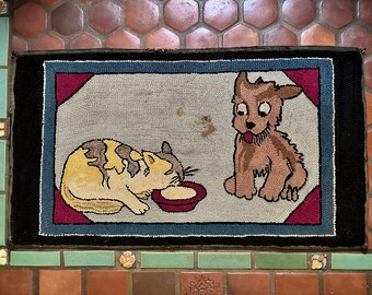 Hand Hooked Folk Art Rug Cat & Dog, American Hand Crafted Textile