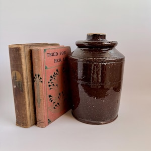 May include: A dark brown, glazed stoneware jar with a lid, next to three antique books. The books have aged covers, one with a red cover and the title "Tried for Her Life". The jar has a speckled appearance.