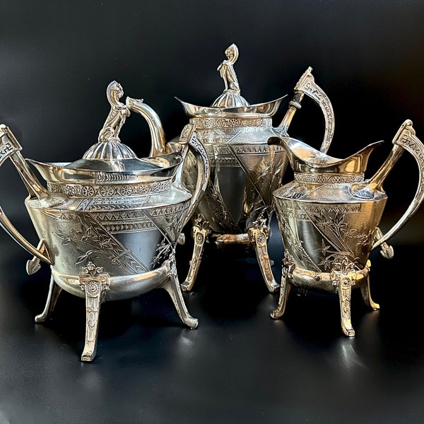 1873 Reed & Barton Silver Plate Coffee Tea Creamer Sugar Set Aesthetic Movement