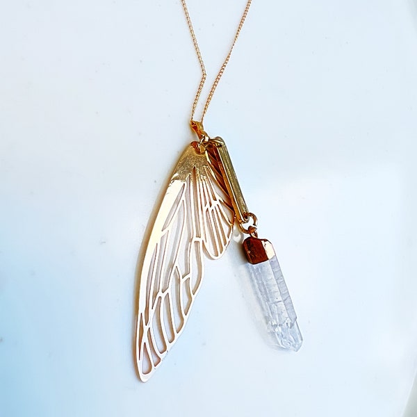 Gold Butterfly Wing Crystal Quartz Necklace NEDA Necklace