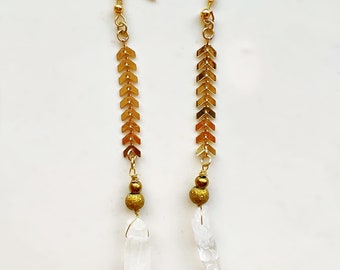 Gold Arrow Chainlink Stardust Bead Crystal Quartz Earrings