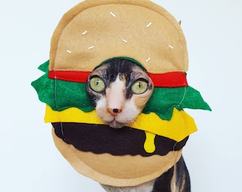Cheeseburger pet hat costume for cats small dogs in soft vibrant felt hamburger