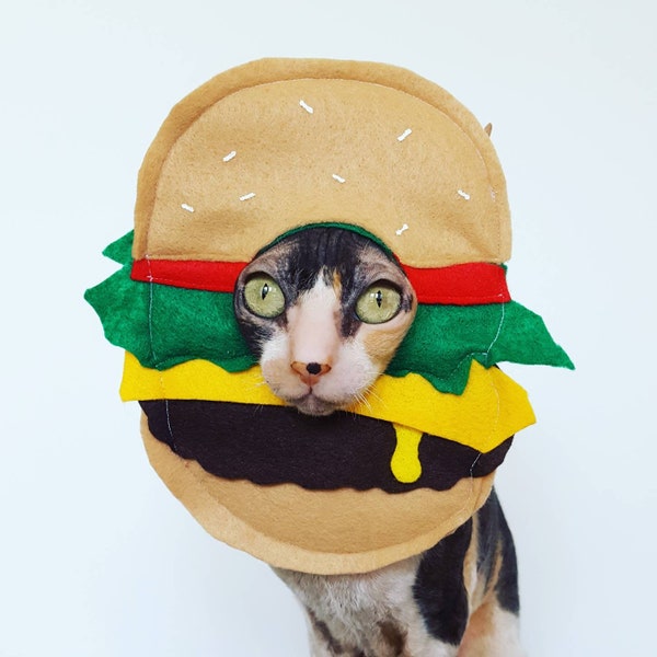 Cheeseburger pet hat costume for cats small dogs in soft vibrant felt hamburger